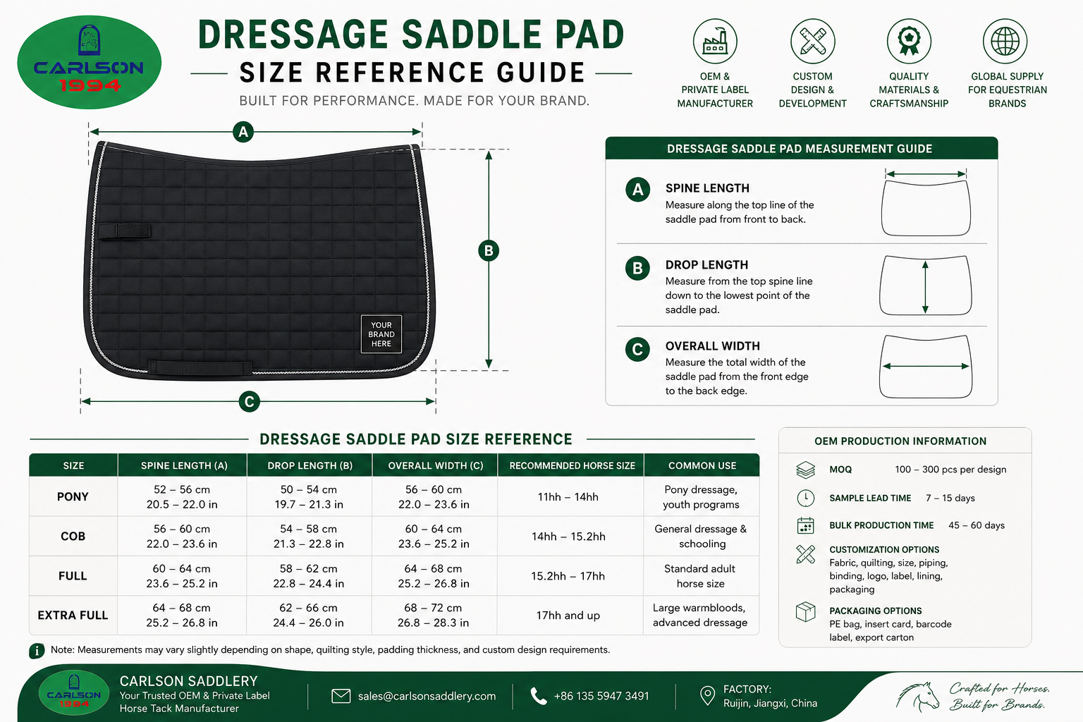 Dressage saddle pad size reference guide for OEM equestrian manufacturing