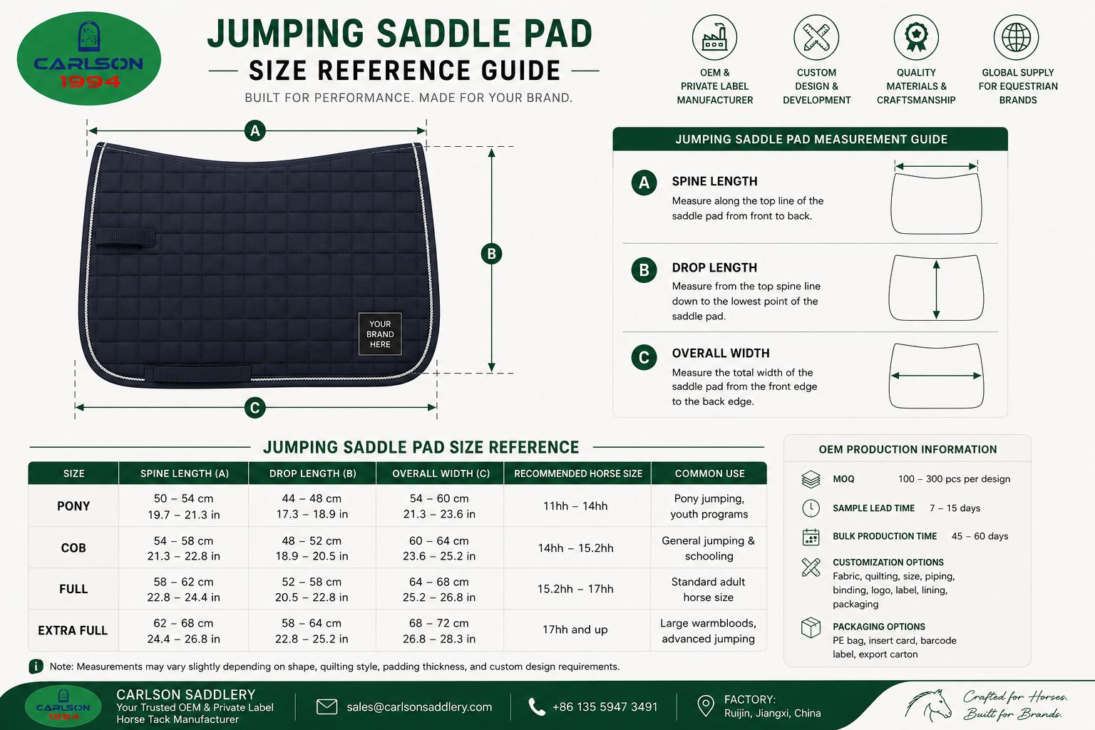 Jumping and all purpose saddle pad size reference guide with OEM measurement chart