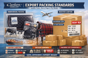 Infographic by Carlson Saddlery showing export packing standards for saddle pads, horse rugs, and fly masks, including individual packaging, moisture and mold protection, reinforced master cartons, H-tape sealing, weight control, carton markings, and packing list requirements, with a cargo ship, airplane, horse, and stacked cartons in the background.