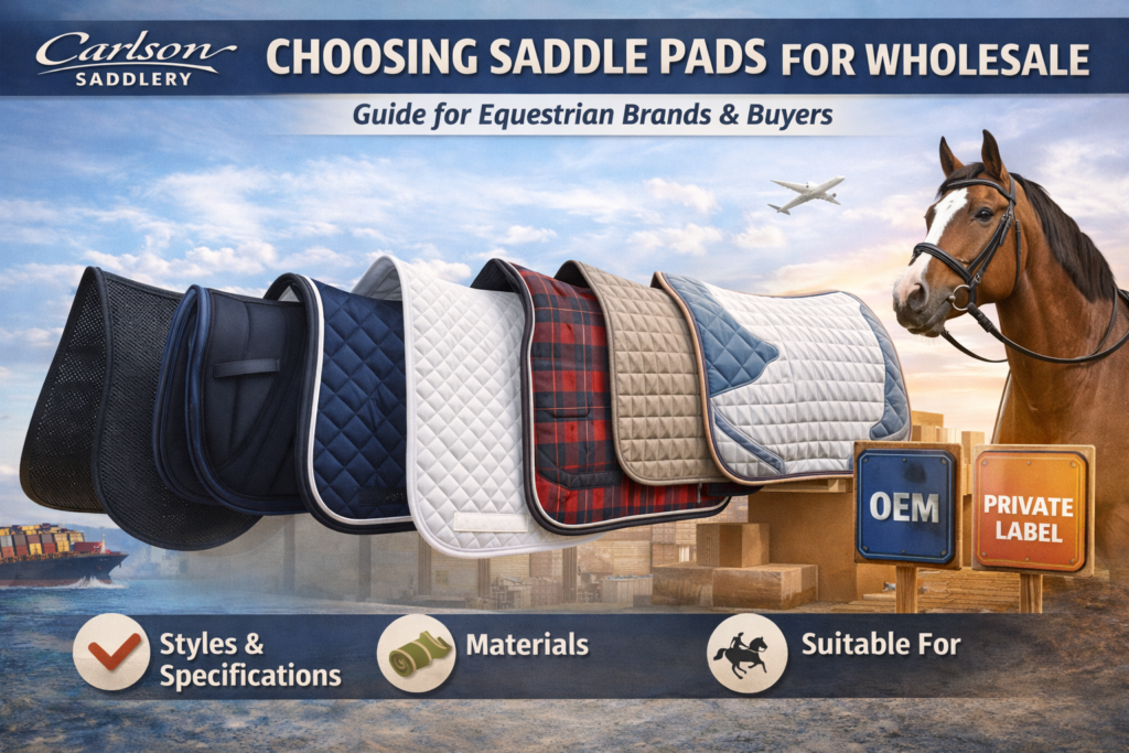 Article header image by Carlson Saddlery featuring several saddle pad styles, a horse head, cargo ship, cartons, airplane, and OEM and Private Label signs, representing a wholesale buying guide for equestrian brands and buyers focused on styles, specifications, materials, and use cases.