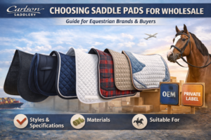 Article header image by Carlson Saddlery featuring several saddle pad styles, a horse head, cargo ship, cartons, airplane, and OEM and Private Label signs, representing a wholesale buying guide for equestrian brands and buyers focused on styles, specifications, materials, and use cases.