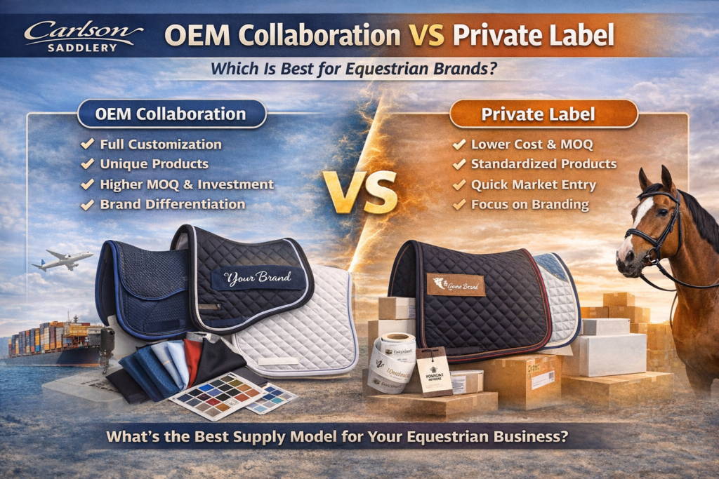 Header image by Carlson Saddlery comparing OEM collaboration and private label for equestrian brands. The split layout shows OEM on the left with customization, brand differentiation, and higher investment, and private label on the right with lower cost, standardized products, and faster market entry, alongside saddle pads, fabric swatches, packaging labels, cartons, and a horse head.