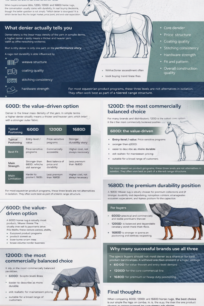 Infographic titled ‘A Buyer’s Practical Guide to Horse Rug Durability,’ designed for equestrian brands, wholesalers, and distributors. The layout compares 600D, 1200D, and 1680D horse rugs, explaining how denier affects durability, price positioning, and customer expectations. It includes a denier comparison table, buyer-focused guidance, illustrated horses wearing rugs, and sections on value-driven, mainstream, and premium product tiers. The design uses navy blue, sage green, and white with technical equestrian visuals and clean editorial styling.