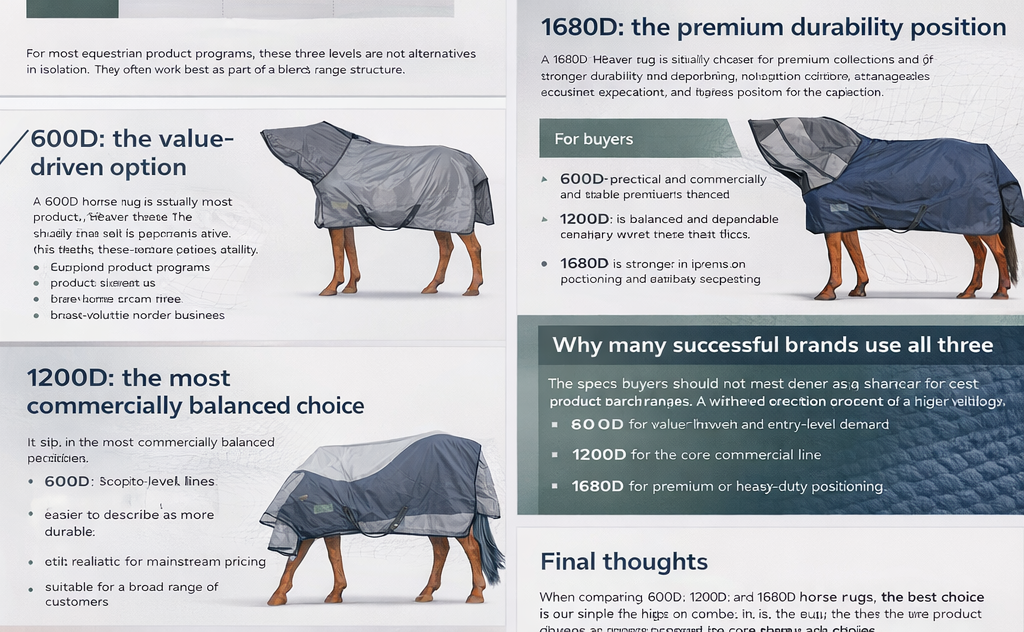 Compare 600D, 1200D, and 1680D horse rugs by durability, price positioning, and wholesale suitability. A practical guide for equestrian brands, wholesalers, and distributors.