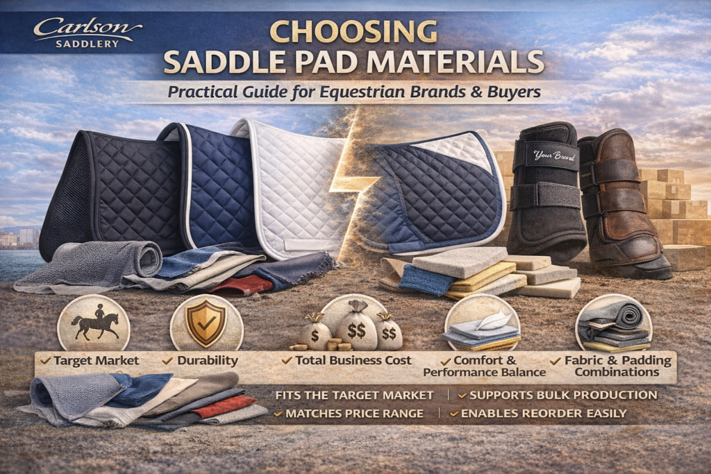 Header image by Carlson Saddlery showing saddle pad material selection, featuring multiple saddle pads, fabric swatches, padding materials, and performance icons, highlighting target market, durability, total business cost, comfort, and fabric and padding combinations for equestrian brands and buyers.