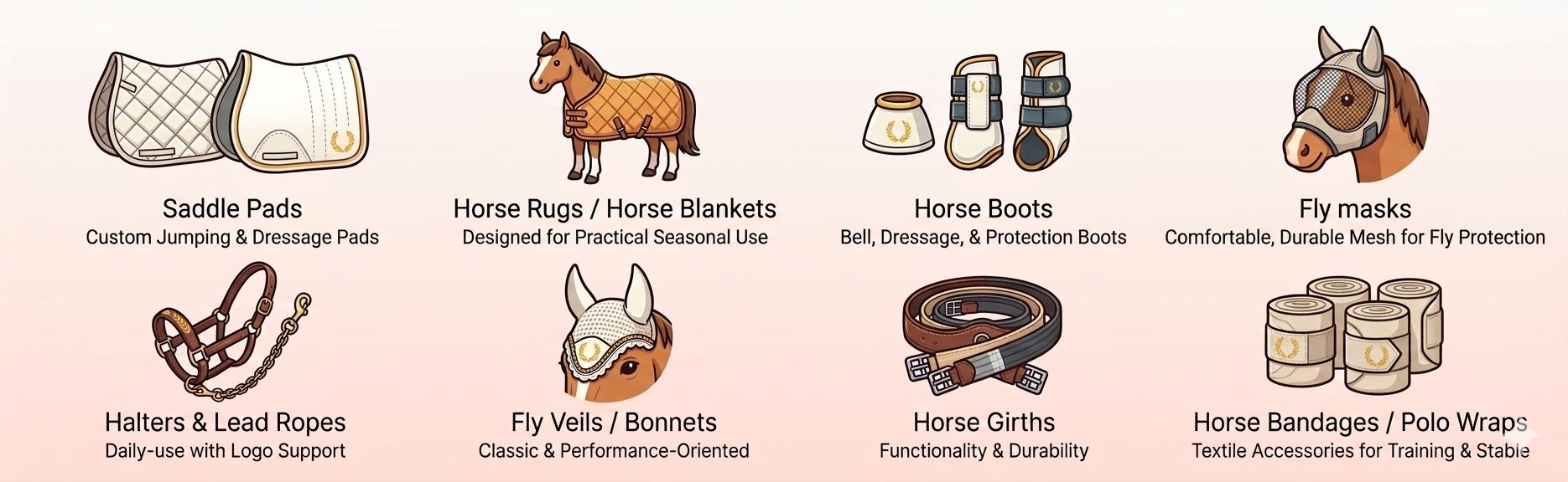 Equestrian product categories overview including saddle pads, horse rugs, horse boots, fly masks, halters, girths, bonnets, and bandages