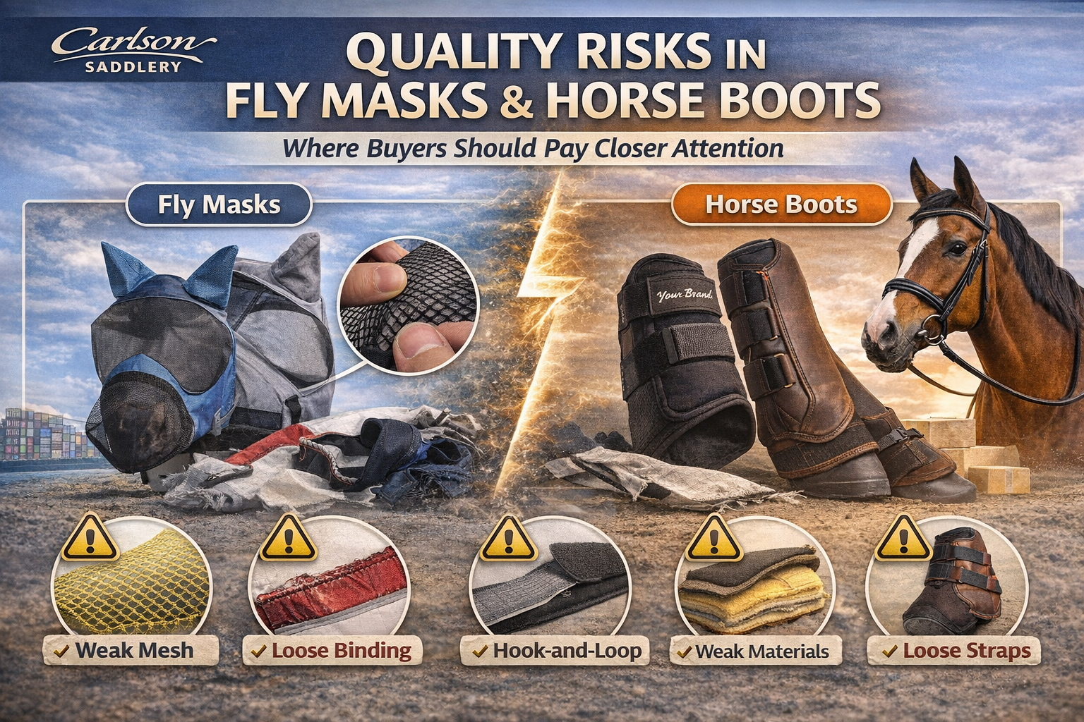 Header image showing common quality risks in fly masks and horse boots, including weak mesh, loose binding, unreliable hook-and-loop closure, weak materials, and loose straps, for equestrian brands, wholesalers, and buyers.