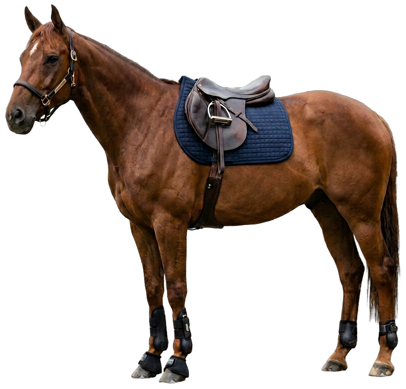 Horse wearing saddle pad and horse boots from OEM horse tack manufacturer Carlson Saddlery