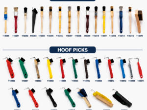 Collection of professional horse grooming tools including various hoof brushes and hoof picks in multiple colors and handle styles, designed for stable care, cleaning, and horse hoof maintenance. Suitable for equestrian brands, tack shops, riding schools, and wholesale supply. Customizable options available for private-label programs.