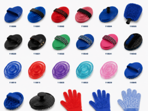 Horse grooming set including multiple curry combs and rubber grooming mitts in various sizes and colors, suitable for stable, training, and private-label customization.