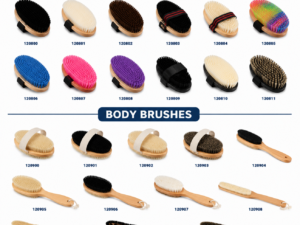 Horse grooming set with multiple dandy brushes and body brushes in different colors, sizes, and bristle types for stable and training use. Private-label customization available