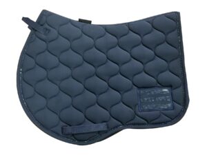 Black quilted jumping saddle pad with contoured shape, decorative trim, and custom logo patch for OEM private-label equestrian supply