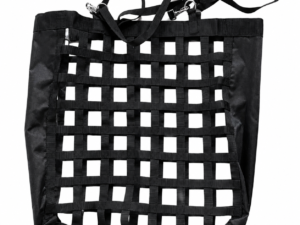 Black heavy-duty nylon horse hay net with adjustable straps and metal hooks
