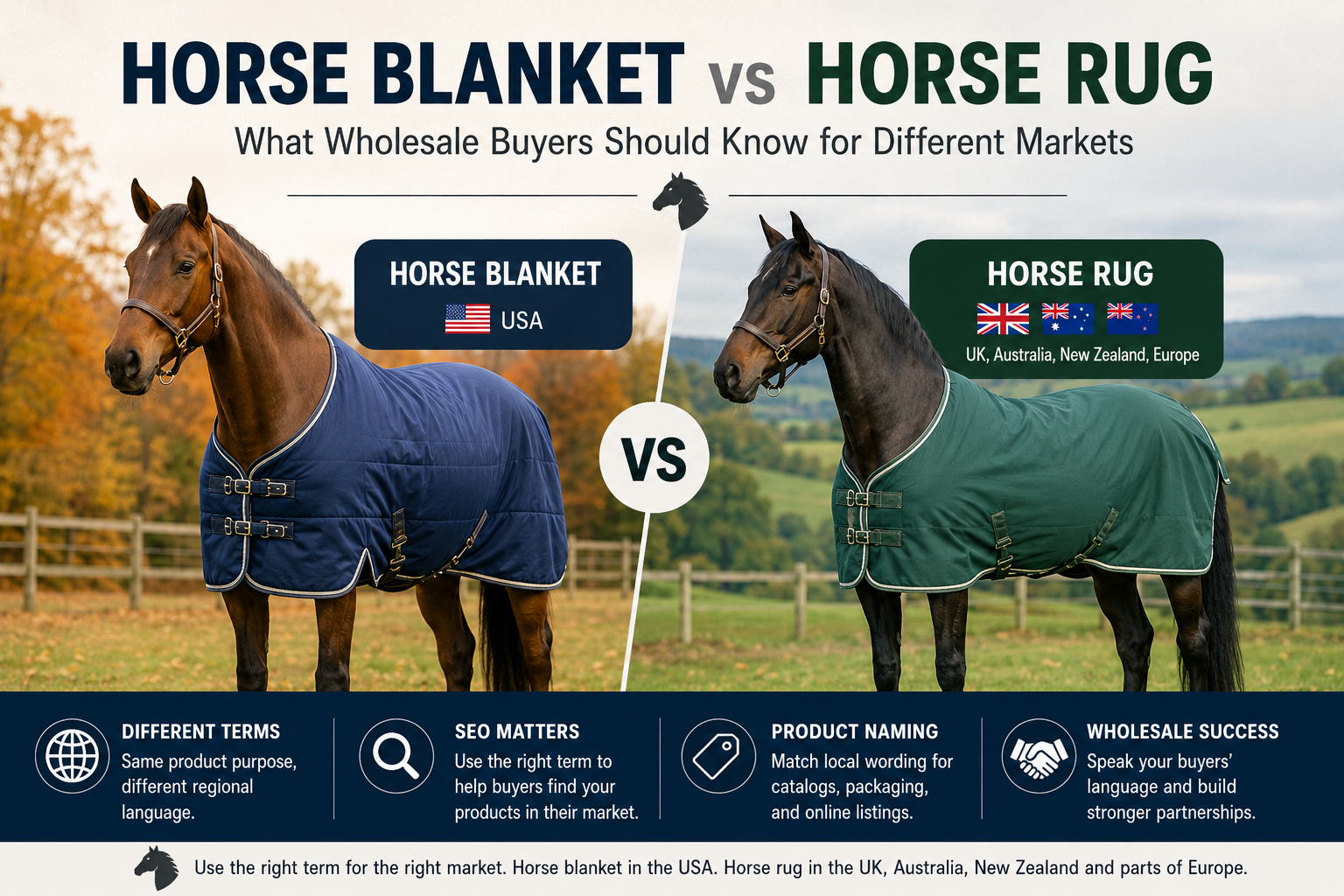 Horse blanket vs horse rug comparison guide for wholesale equestrian buyers in the USA UK Australia and Europe