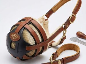 Premium leather horse grazing muzzle with adjustable straps, breathable mesh, and soft fleece padding