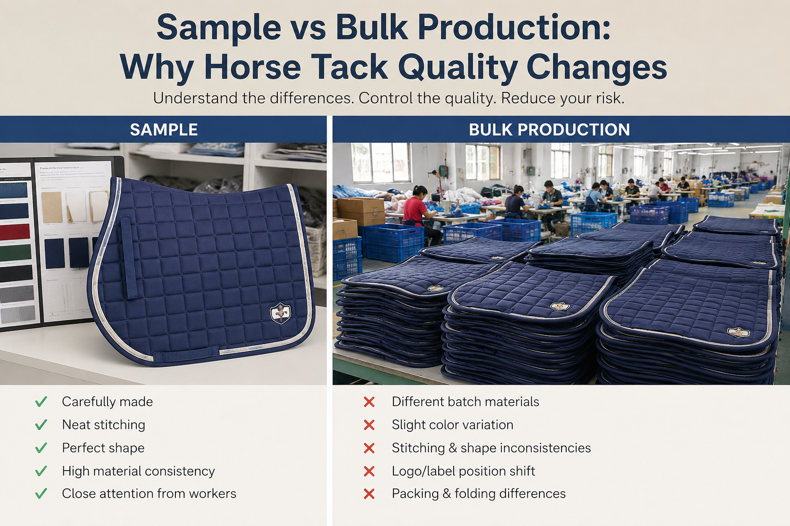 Sample vs bulk production quality control comparison for horse tack buyers