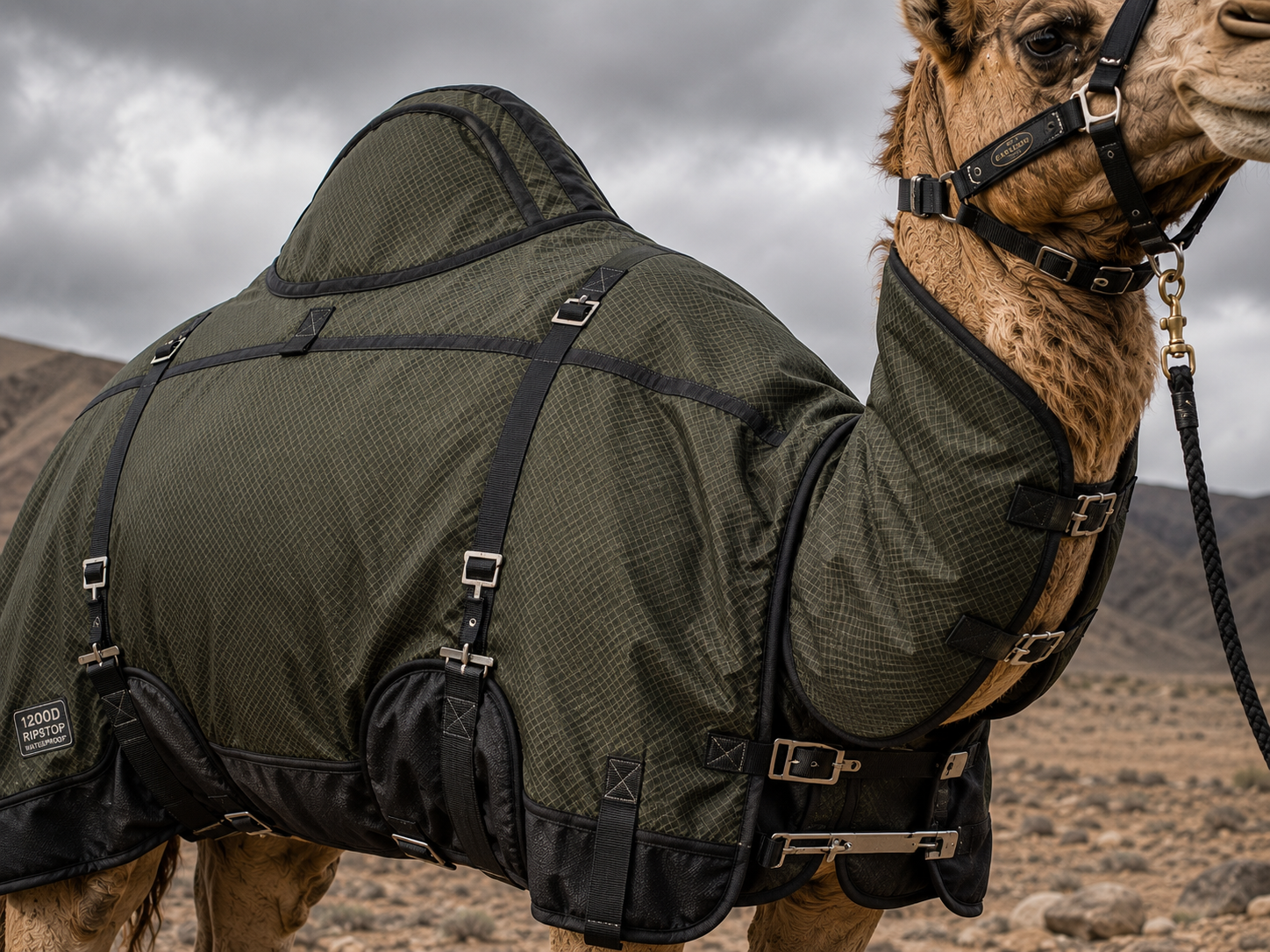 Heavy-duty 1200D ripstop waterproof camel turnout rugs and trailer transport blankets with stainless hardware