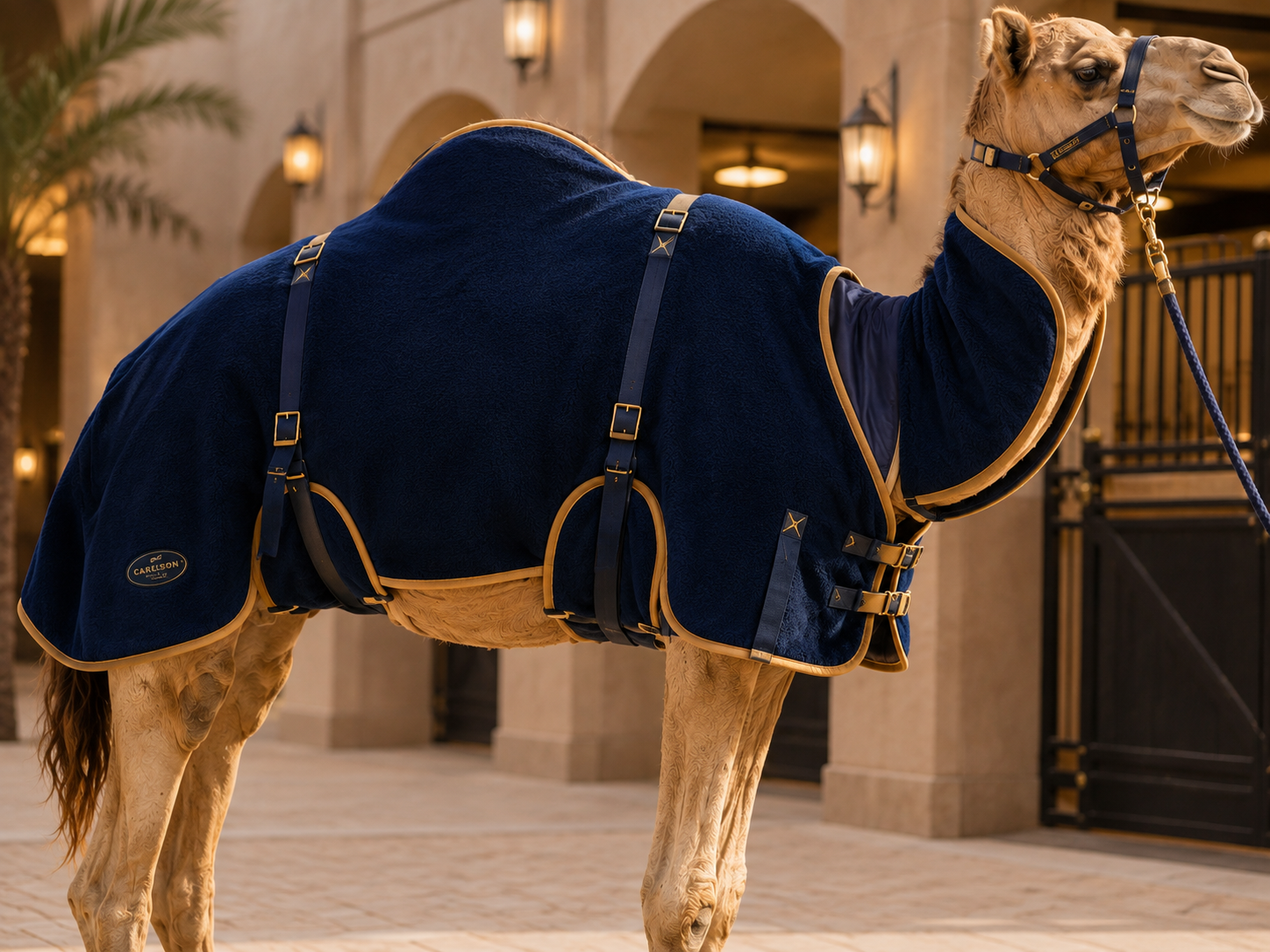 Moisture-wicking polar fleece camel coolers and winter stable blankets (جل شتوي) with custom contrast piping