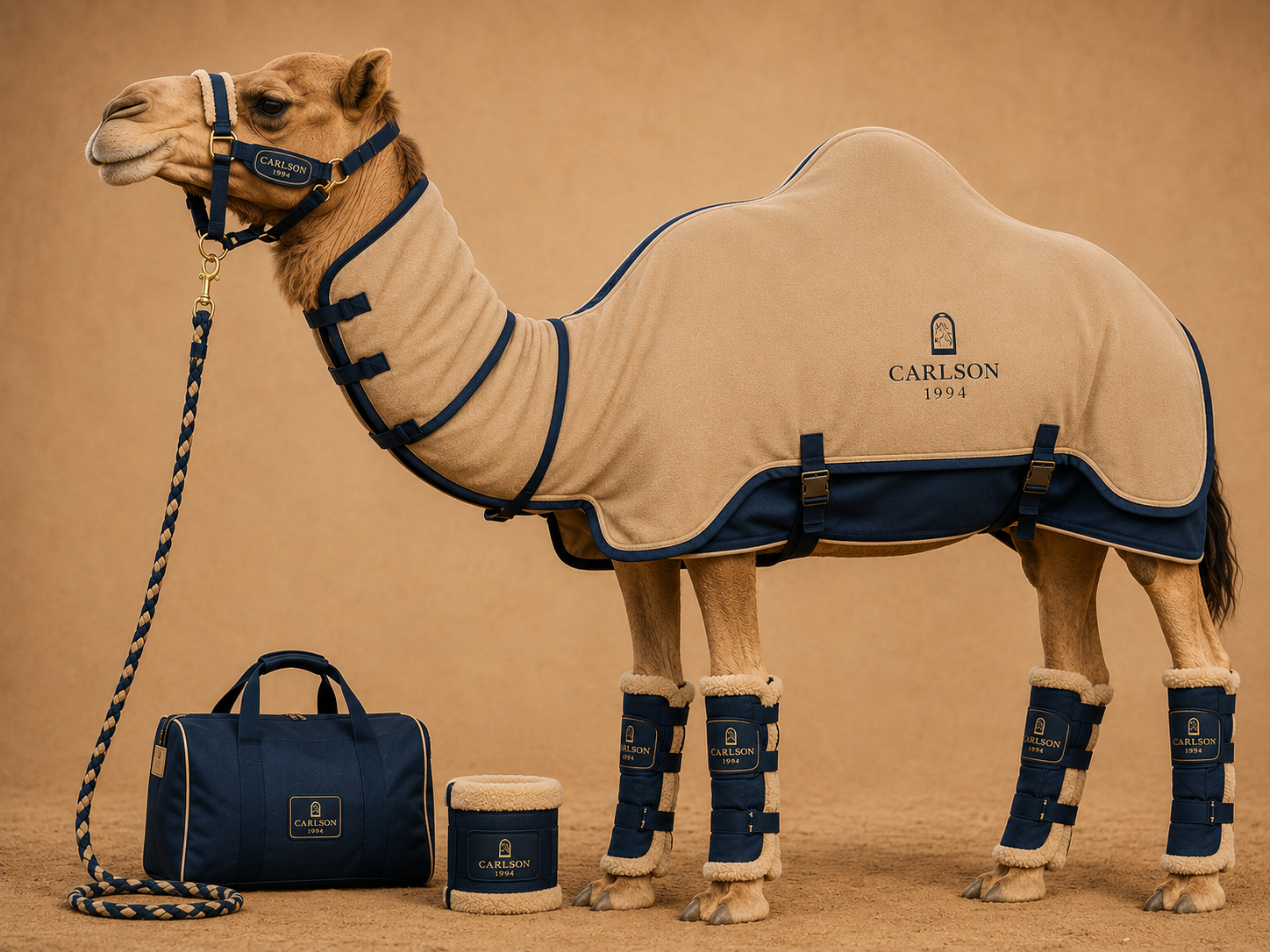 Private label camel tack collection including matching camel rugs, nylon halters, lead ropes, and shipping boots
